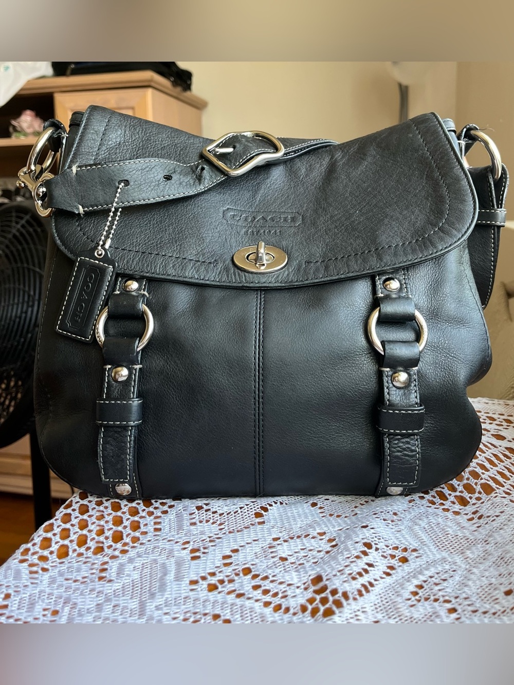 Coach Chelsea flap saddle #A1020-F14896 black leather shoulder bag